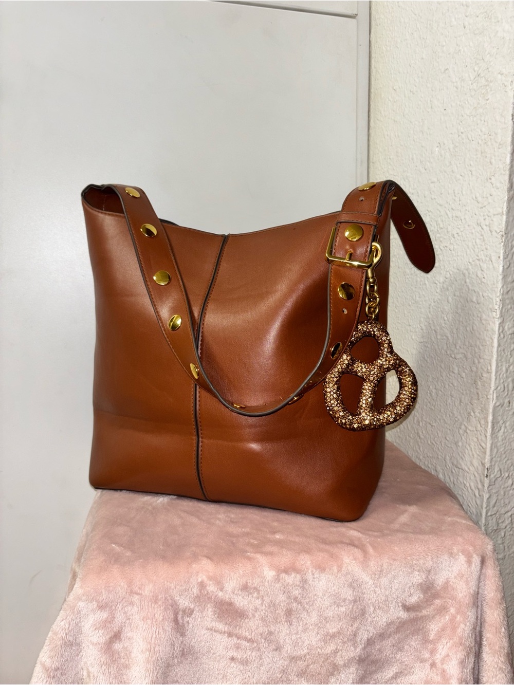 Brown Bleecker style Hobo Bucket Bag with Gold Hardware